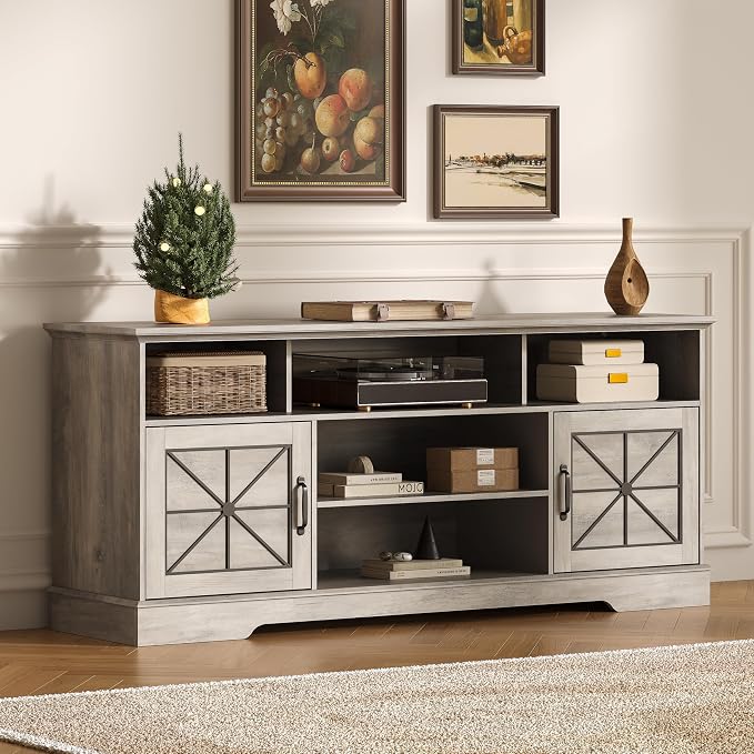 TV Stand for 65 Inch TV, Farmhouse Entertainment Center with RGB LED Lights, 59 Inch Media Console with Adjustable Center Shelf and Storage Cabinets, Rustic Barn Door Style by ANYMAPLE