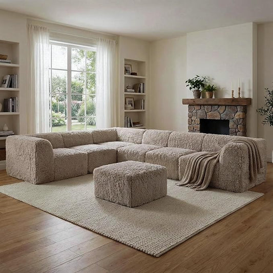 Furniture of America Havyn Modern Faux Fur 7-Seater L-Shaped Modular Foam Sectional Sofa with Ottoman, Compressed Couch in a Box, No Assembly Required, for Living Room and Office, Taupe
