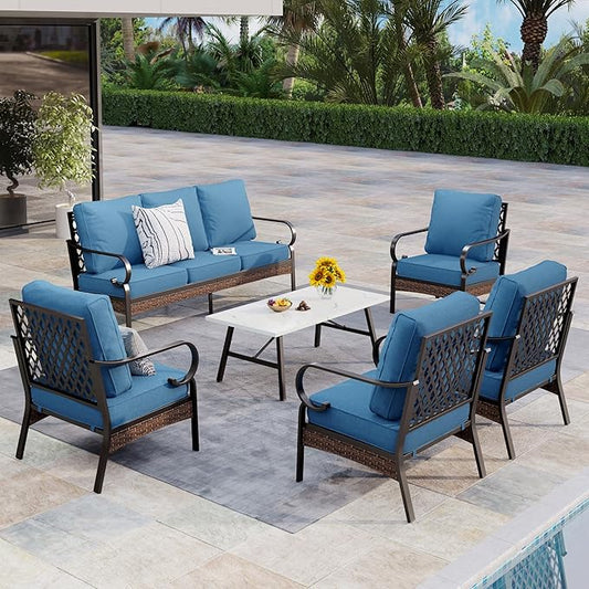 Patio Furniture Set with Coffee Table, Outdoor Conversation Set with 4 x Fixed Chairs, 1 x 3-Seat Sofa for Lawn Garden Backyard, Navy Blue