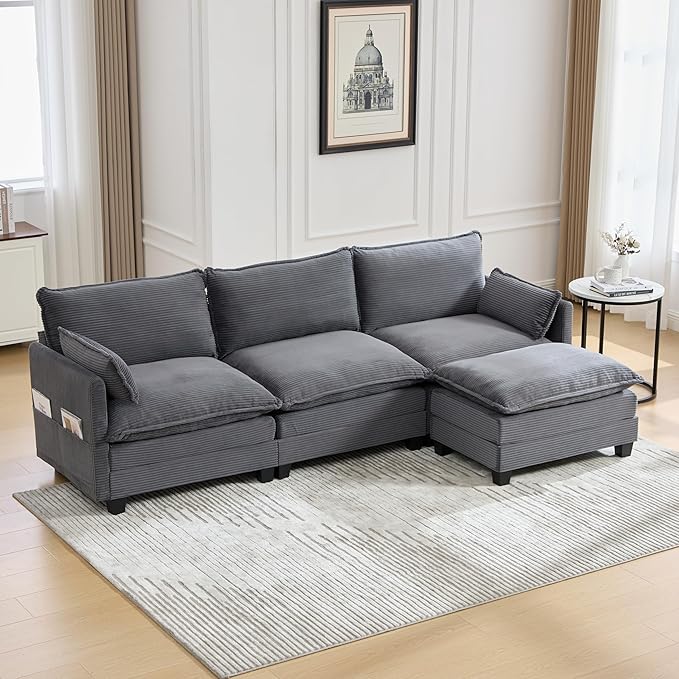 Modular Sectional Sofa Couch with Reversible Ottoman, 103" Oversized Corduroy Cloud Couch, 3 Seat Sectional Sofa with Solid Wood Frame and Side Pockets,for Living Room & Apartment