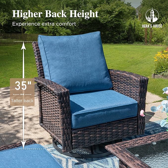 HERA'S HOUSE High Back Patio Furniture Set with Swivel Chairs, All Weather Outdoor Wicker Sofa Set, 6 Pieces Patio Conversation Sets with 5.5" Comfy Cushions for Lawn Deck Backyard, Navy Blue