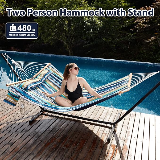 Homgava Two Person Hammock with Stand for Outside Heavy Duty, Outdoor Patio Hammock with Portable Steel Stand, Large Double Hammocks,480lbs Capacity.(Middle Blue Stripes) - Image 2