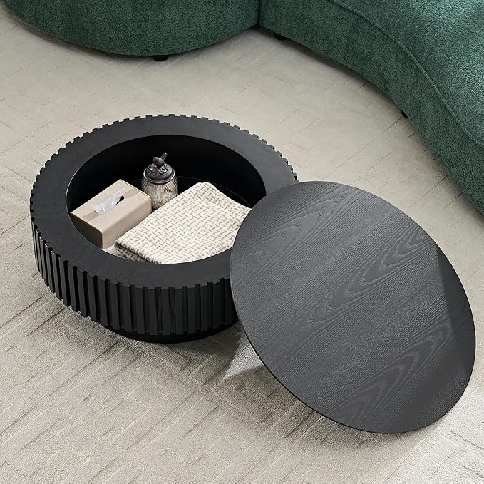 WILLIAMSPACE 31.49" Round Coffee Table with Storage for Living Room, Modern Circle Center Table with Solid Wood Veneered & Sturdy Pedestal, Accent End Tea Table for Apartment - Black