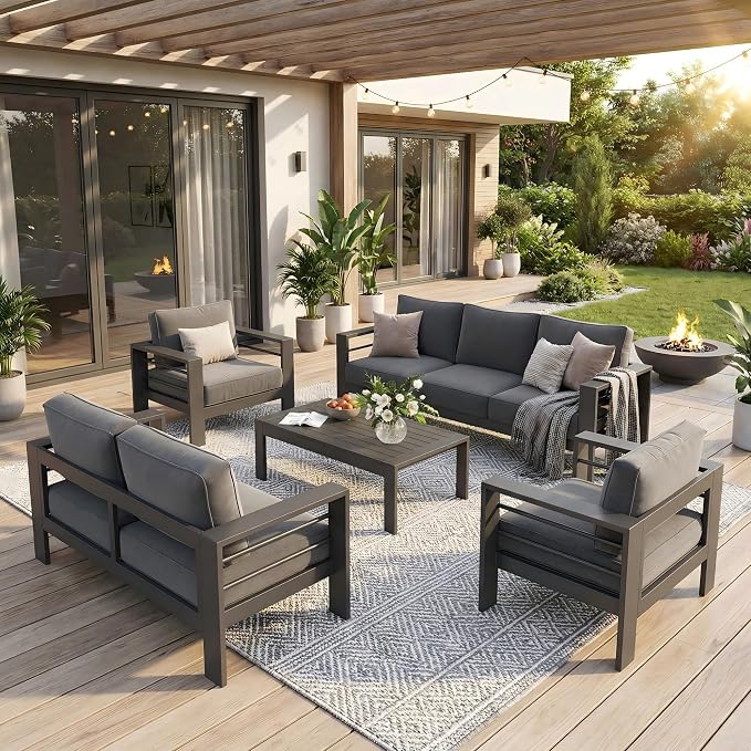 Solaste Aluminum Outdoor Patio Furniture Set, 7 Seats Patio Sectional Sofa with 5" Thick Cushion, Outdoor Patio Set with Coffee Table for Porch, Backyard, Deck, Yard, Grey - Image 9
