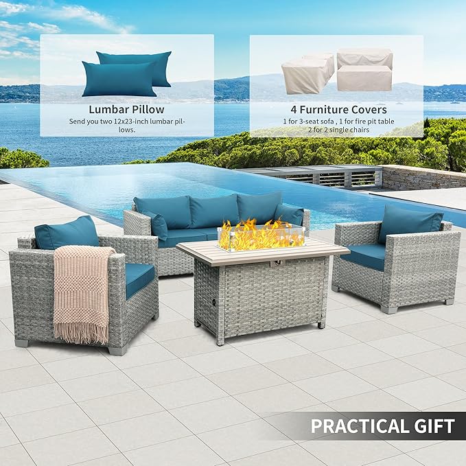 WAROOM Patio Furniture Set 4 Piece Outdoor Wicker Conversation Sets PE Rattan Couch Sectional Sofa with Fire Pit Table, Peacock Blue Cushion