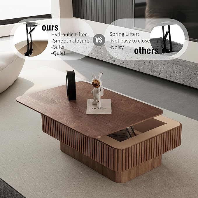 Lift Top Coffee Table with Storage for Living Room Mid Century Modern Coffee Table with Lifting Top Wood Fluted Coffee Tables with Lifts Up Tabletop for Home Apartment Office 38.6",Walnut Rectangle