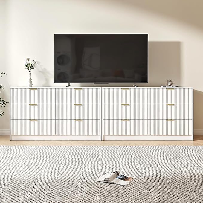White Dresser Set of 2, Long Dresser for Bedroom Wooden with 12 Drawers, Fluted Modern Bedroom Furniture Set, TV Stand Dressers & Chests of Drawers for Closet (15.7"D x 110.2"W x 31.8"H)