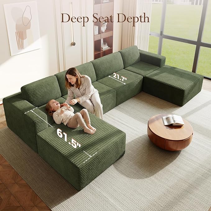 Vesgantti 159" Large Modular Sectional Sofa, U-Shaped Corduroy Cloud Couch with Deep Seats & Spring Support, 4-Seater Boneless Sofa with 2 Movable Ottomans, No Assembly Needed, Green