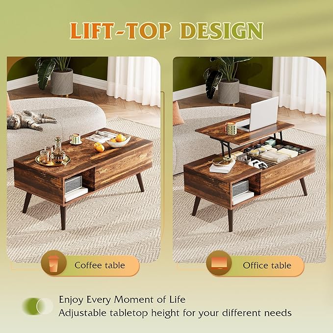 WLIVE Coffee Table for Living Room, Lift Top Coffee Table with Storage, Small Rising Wooden Dining Center Table with Storage Shelf & Hidden Compartment, 39" Rustic Brown
