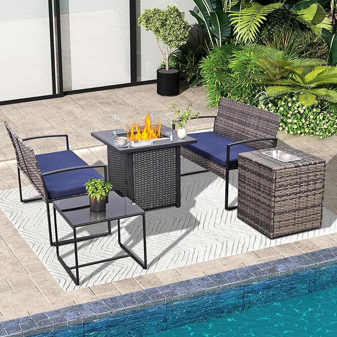 FHFO 5 Piece Outdoor Patio Furniture Set with 28”Gas Fire Pit Table & Ice Bucket Storage Box, Outdoor Wicker Rattan Patio Conversation Set for Outside, Poolside, Balcony, Porch, Grey-Blue