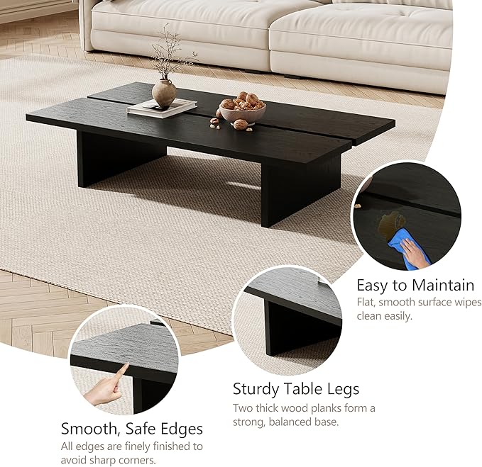 47.2" Modern Coffee Table for Living Room, Black Coffee Table Wood Living Room Table Rectangular Center Table Tea Table for Home Office