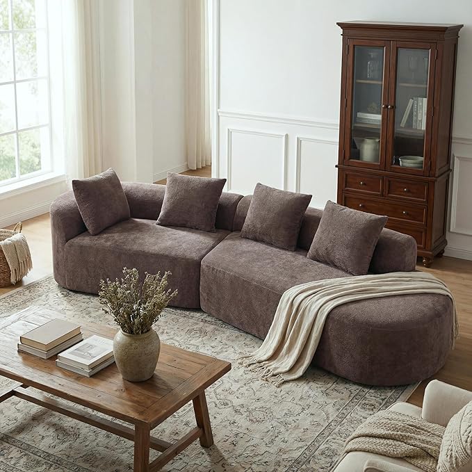 Merax 2-Piece 116" L-Shaped Modular Sectional Sofa Set, 4 Seat Fully Assembled Curved Upholstery Couch with High-Density Compressed Sponge, Chaise Lounge & 4 Pillows for Living Room, Brown