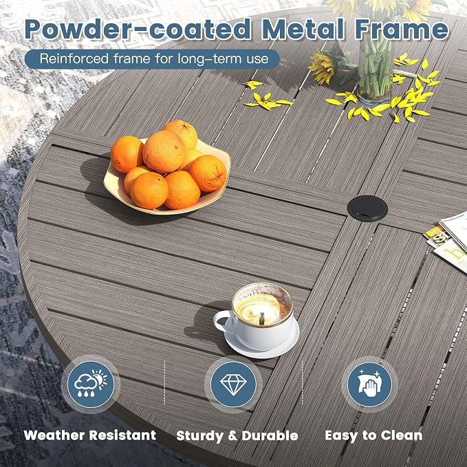 DIFY Patio Dining Set for 10, 11 Piece Outdoor Table and Chairs Set, 59.8" Grey Wood-Like Round Metal Patio Dining Table and 10 Sandshell Textilene Stackable Patio Chairs, for Backyard Garden Deck - Image 3