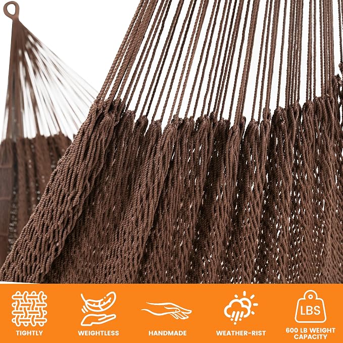 Lazy Daze Hammocks Handwoven Mayan Hammock, 10.5 FT Soft Rope Double Hammocks, Portable Outdoor Hammock with Carry Bag, 2 Straps & Carabiners for Patio Outside, 550 lbs Weight Capacity, Coffee - Image 5