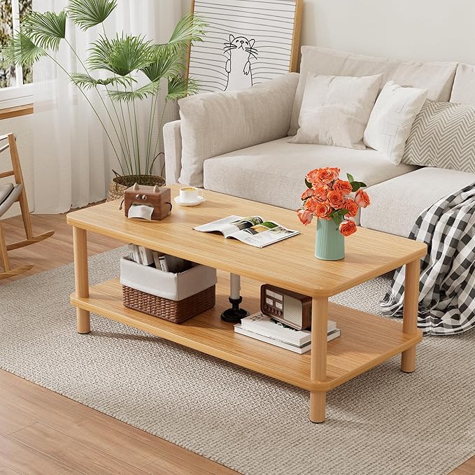 2 Tier Coffee Table Low Table with Solid Wood Legs, Japanese Coffee Table for living Room, Side Table Sofa Table, Floor Table Desk for Sitting on The Floor, Storage Shelf Furniture for Office, Natural