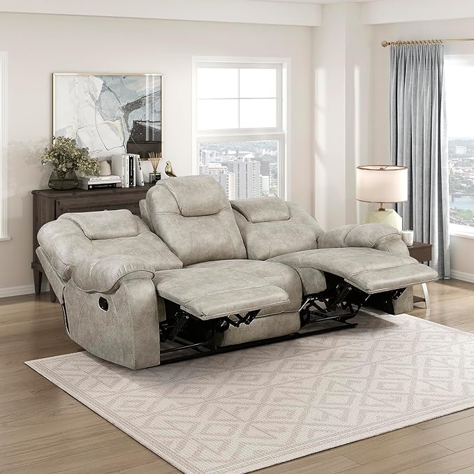 Lexicon Manual Double Reclining Sofa, Polished Microfiber Wall Hugger 3 Seater Manual Tab Pull Sofa Recliner for Living Room, Pillow Top Armrest, Padded Headrest, Easy Assembly, Pewter
