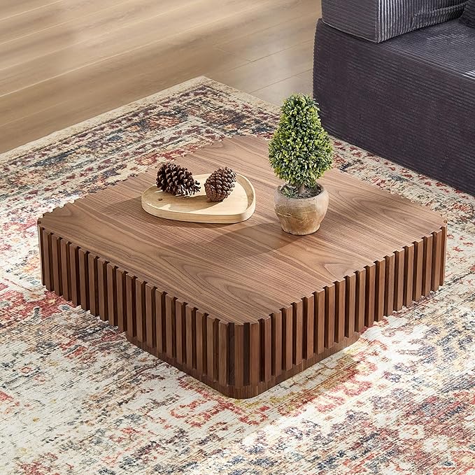 31.5" Square Coffee Table 2 Piece, Wooden Center Tea Table Accent End Table Set of 2 for Living Room Apartment, with Sturdy Curved Base & Solid Wood Fluted Side, Walnut