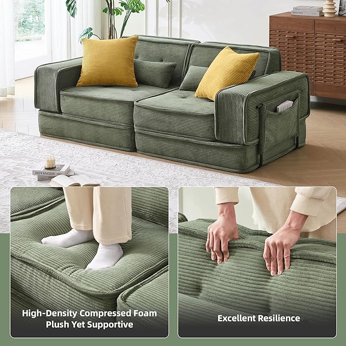 Modular Sofa Bed, No Assembly Required Sectional Couch for Living Room, Compressed Cloud Couch with Corduroy Fabric & Lumbar Pillows, Small Space Furniture Green