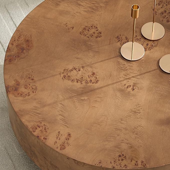 Round Coffee Table for Living Room,31.49" Modern Circle Drum Center Table with Burl Wood Veneer & Sturdy Pedestal,Small Wooden Circular Coffee Table for Apartment,Easy Assembly (Walnut)