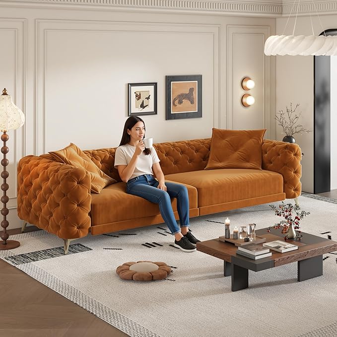 Ball & Cast 3-in-1 Convertible Sleeper Sofa with Movable Ottoman,97.7" Velvet Pull Out Sofa Bed, Modern Button Tufted 4-Seater Sofa Couch with Deep Seat for Living Room, Apartment,Office,Orange
