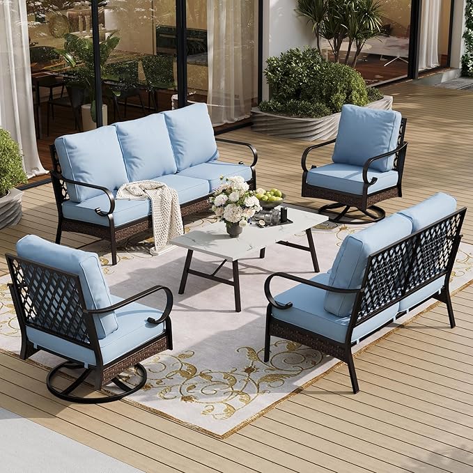 5 Piece Metal Outdoor Patio Furniture Set, Patio Conversation Sets 1 3-Seater Sofa, 2-Seater Sofa, 2 Swivel Sofa with 5.75" Thick Cushion & Coffee Table Black Backyard Furniture, Blue