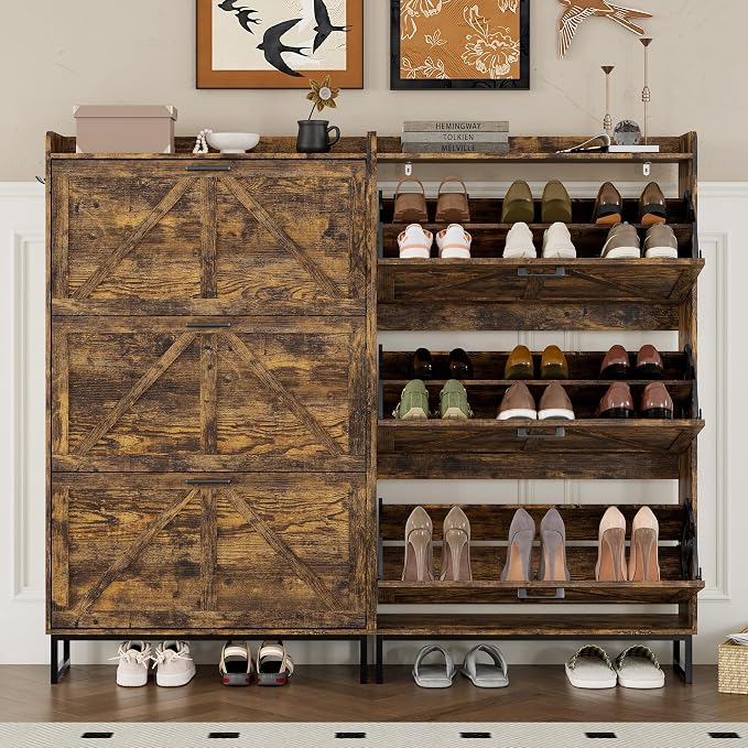 BORNOON Shoe Cabinet with 3 Flip Drawers Narrow Shoe Storage Cabinet Organizer Wooden Freestanding Shoe Rack Hidden Slim Shoes Storage Cabinet for Entryway, Hallway, Living Room, Bedroom - Image 5