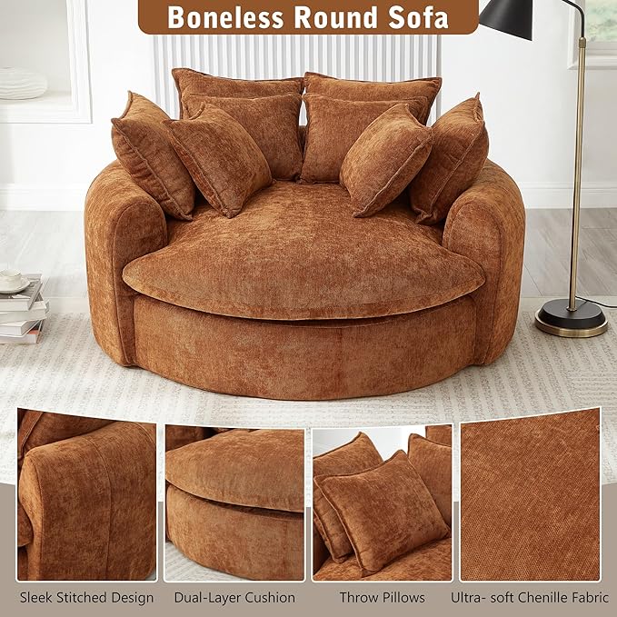 Merax 59.8" Full-Compressed Round Chaise Sofa, Boneless Loaf Style Chenille Upholstered Sofa Bed with 8 Throw Pillows for Living Room, Orange