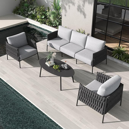 LayinSun 4 Piece Outdoor Furniture Set with Coffee Table, Modern Rope Woven Patio Conversation Sofa Set with Olefin Braid and Deep Seating