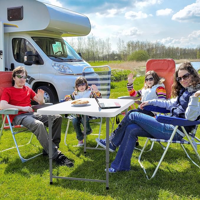 VINGLI 4 FT Plastic Folding Camping Table,3-Level Adjustable Height, Portable in/Outdoor Party Picnic Dining Desk, Garden Soccer Multipurpose Entertaining Activities，White - Image 8