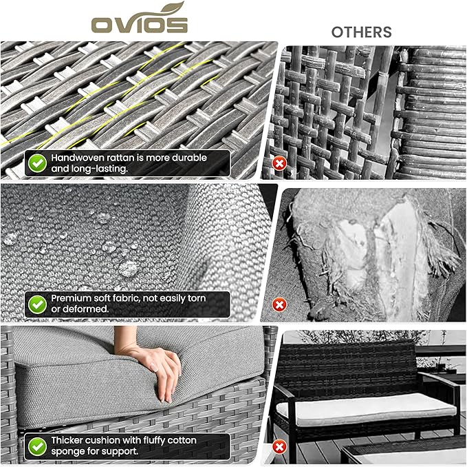 ovios 6 Pieces Patio Furniture Set with 54" Fire Pit Table, Outdoor Wicker Sofa with Comfy Cushions, All Weather High Back Rattan Couch Conversation Set, Dark Grey