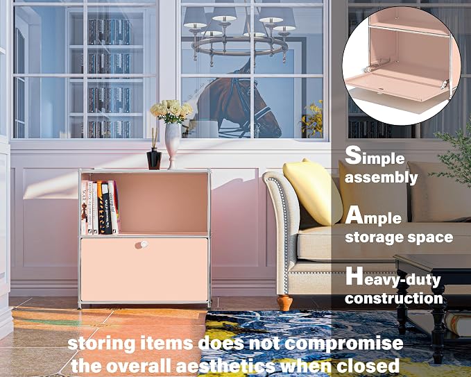 32.5-Inch Flip-Top Side Table & Buffet Cabinet with Detachable Wheels, Ample Storage, DIY Corner Bookshelf, Wall Shelf, Cube Organizer, Bedside Table – Modern Home Decor, Pink - Image 4