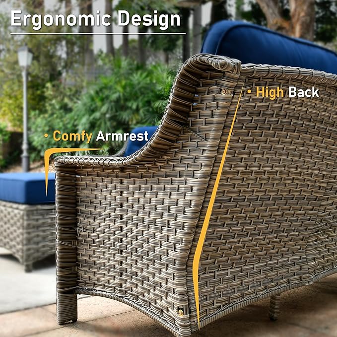 HOOOWOOO 6 Piece Patio Furniture Conversation Sets with Sola Light Table,Outdoor Wicker Furniture with Ottoman, All Weather Resistant Outside High Back Rattan Patio Set(Navy Blue)
