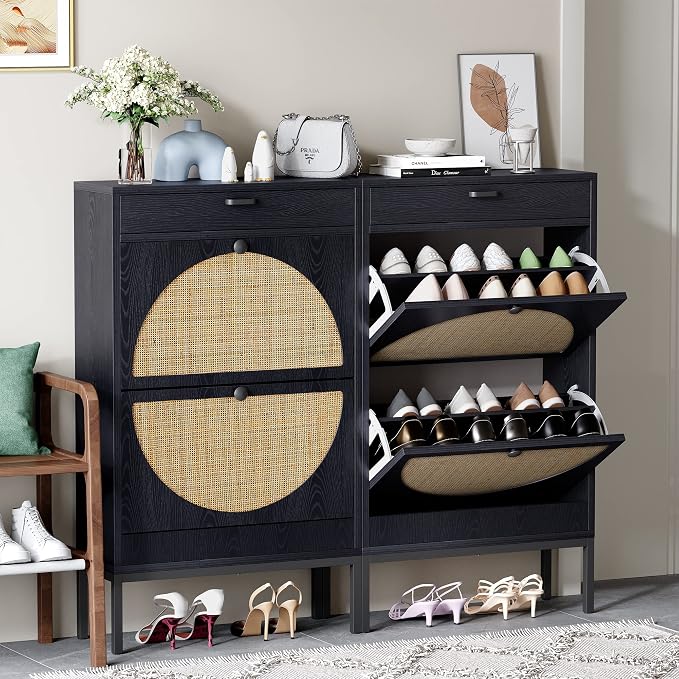 Yechen Shoe Rack Storage Organizer with 2 Natural Semi-Circular Rattan Doors, Entryway Wooden Shoe Cabinet for Sneakers, Leather Shoes,Heels (2 Piece, Black) by Yechen
