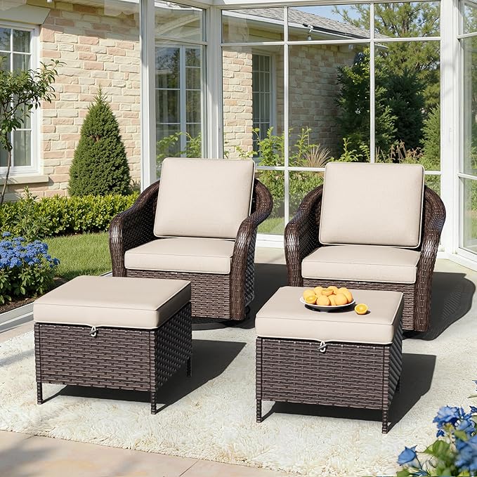 Outdoor Swivel Chairs Set with Ottomans, 4 PCS Patio Conversation Furniture Set with Removable Cushions, All-Weather Wicker Furniture for Porch, Backyard, Deck, Sunroom (Beige)