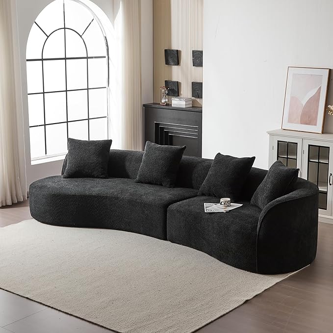 Christopher Knight Home Braebt 126" Sectional Sofa with 4 Throw Pillows, 5-Seater Large Modular Sofa Couches, Comfy Curved Upholstered Cloud Couch for Living Room, Study, No Assembly Required, Black