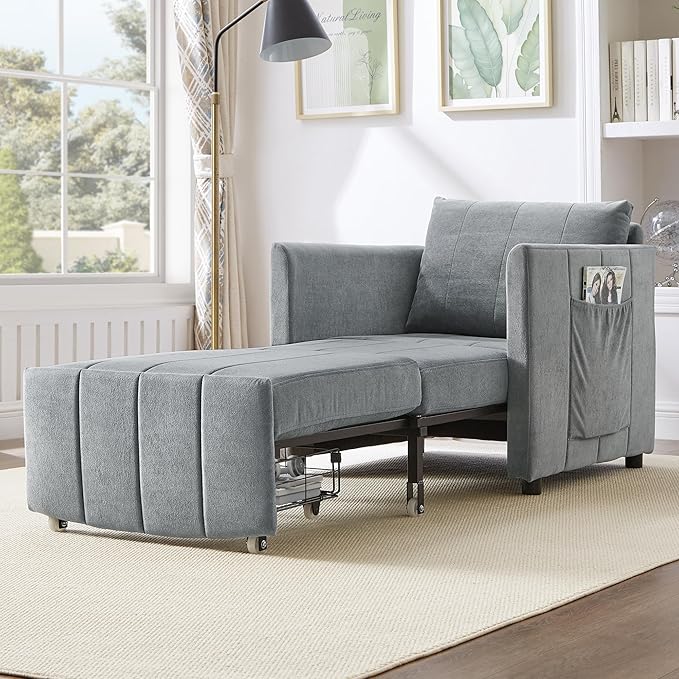 Ball & Cast 31.5" Convertible Pull-Out Sleeper Sofa Bed,Chenille Upholstered Pull Out Couch Chair,3 in 1 Single Sofa Chair W/Storage Basket and Side Pocket,Recliner Chaise Lounge for Living Room,Grey