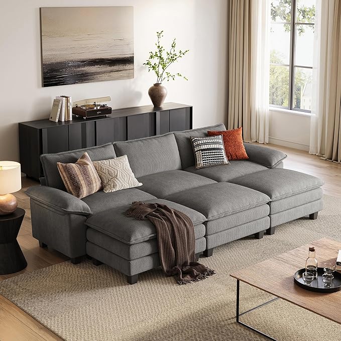 LINSY HOME Modular Sectional Sofa - 123 Inch Oversized Corduroy Cloud Couch with Movable Ottoman Soft Modern Comfy Sofa Set for Living Room Apartment Office, Grey