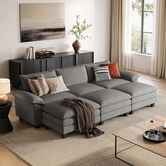 LINSY HOME Modular Sectional Sofa - 123 Inch Oversized Corduroy Cloud Couch with Movable Ottoman Soft Modern Comfy Sofa Set for Living Room Apartment Office, Grey