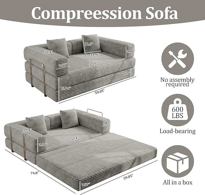 4 in 1 Futon Sofa Bed Queen Size - Foldable Convertible Sleeper Sofa Couch with L-Shaped Armrests Space Saving Floor Mattress for Bedroom & Dorm(Light Gray, 59” 2 Seat)