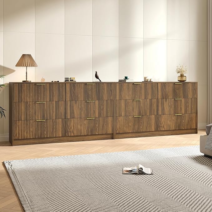 Walnut Dresser Set of 2, Long Dresser for Bedroom Wooden with 12 Drawers, Fluted Modern Bedroom Furniture Set, TV Stand Dressers & Chests of Drawers for Closet (15.7"D x 110.2"W x 31.8"H)