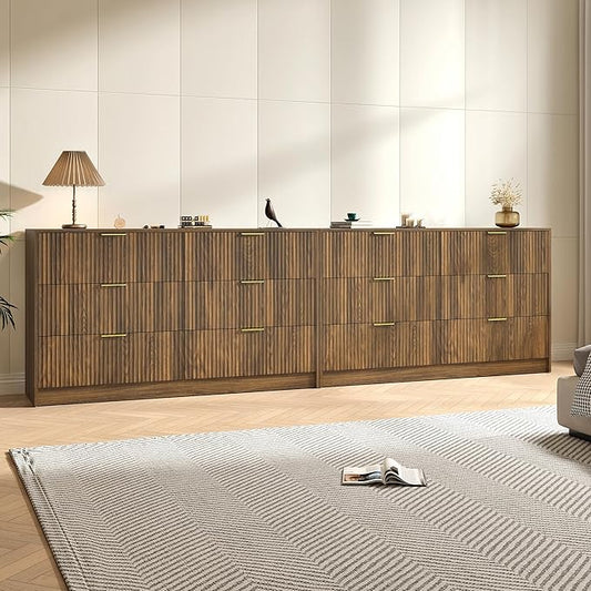 Walnut Dresser Set of 2, Long Dresser for Bedroom Wooden with 12 Drawers, Fluted Modern Bedroom Furniture Set, TV Stand Dressers & Chests of Drawers for Closet (15.7"D x 110.2"W x 31.8"H)