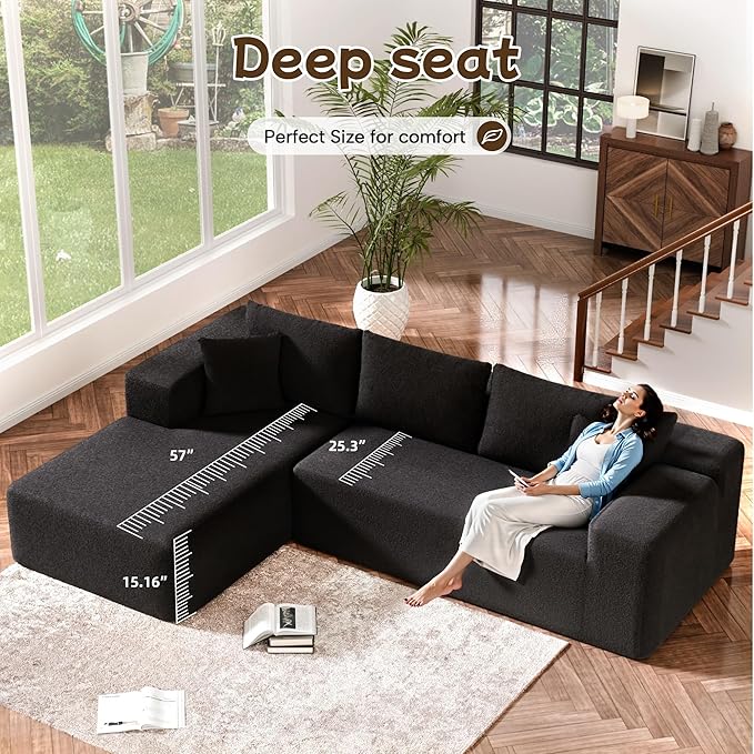 L-Shape Cloud Sectional Sofa, 104” Modern Modular Boneless Couch with Right Chaise Lounge, Compressed Floor Sofa with 5 Pillows & Deep Seat, Rain Drop Velvet Couch for Living Room, Black