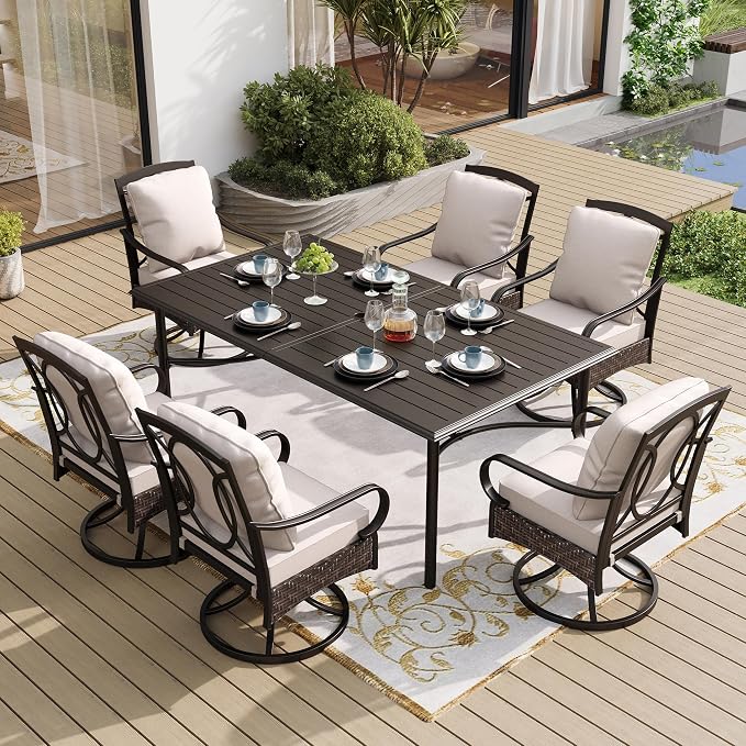 SUNSHINE VALLEY 7 Piece Patio Dining Sets for 6, Outdoor Table and Chairs with Cushioned Wicker Swivel Patio Chairs & Black Dining Table (1.57-1.9”Umbrella Hole), Outdoor Dining Sets for Lawn Backyard by SUNSHINEVALLEY