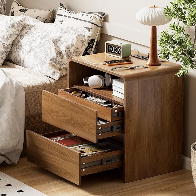 Modern Nightstand Set of 2 23.8" Walnut Nightstands with Hidden Drawers Wood Modern Bedside Table Curved Profile Night Stands for Bedrooms Set of 2 - Image 7