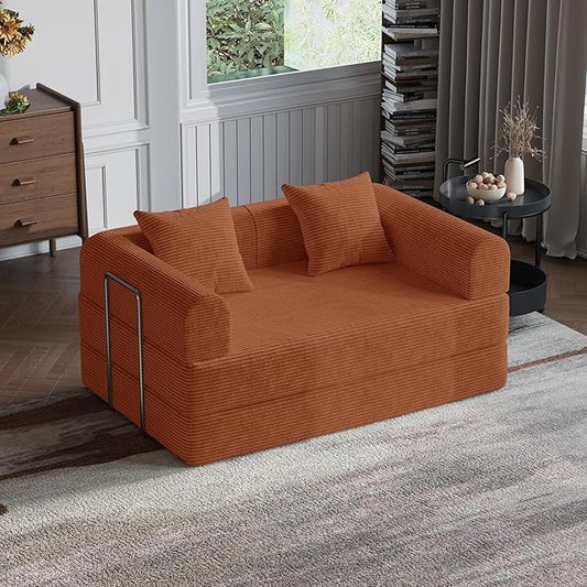 HouseMila 53.15" Boneless Couch,4-in-1 Futon Sofa Bed Modular Loveseat Sleeper Folding Compressed Couch with Pillows,No Assembly Required Convertible Sofa Bed for Living Room Bedroom Guest Room,Beige