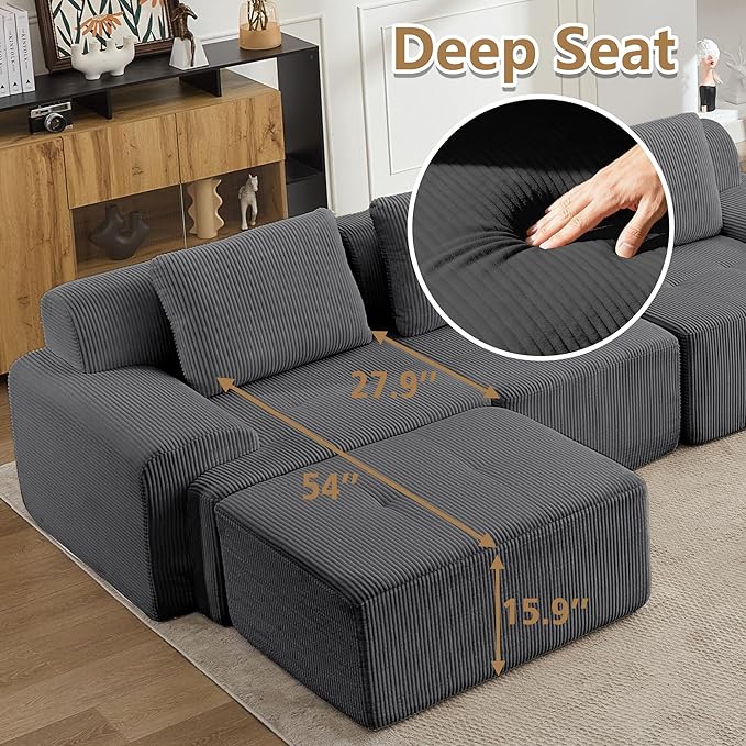 KIGOTY Modular Sectional Sofa Set, 5 PCS Comfy Cloud Sectional Couch with Deep Seat, Sleeper Sofa Bed with Ottoman, Modern Boneless Couch for Living Room, No Assembly Required,Grey