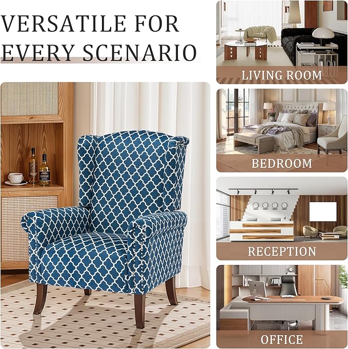 Modern Plaid Accent Chair, Mid-Century Upholstered Wingback Armchair Club Sofa Chair with Wooden Legs, Living Room Chair for Bedroom, Balcony, Lounge (Blue Check)