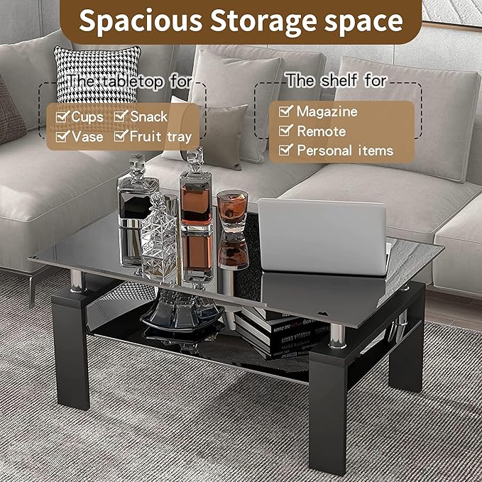 38.6'' Rectangle Glass Coffee Table, Black Coffee Table with Tempered Glass & Metal Legs, 2-Tier Modern Center Table with Storage Shelf, Black Glass Coffee Tables for Living Room, Apartment, Office