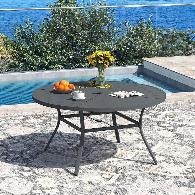 DIFY 7 Pieces Outdoor Patio Dining Set for 6, 50" Round Metal Dining Table and 6 Stackable Textilene Patio Chairs, Outdoor Table and Chairs for Backyard Garden Poolside, Grey - Image 2
