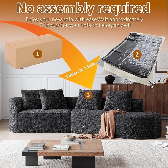 112" Modern Cloud Sectional Sofa, Chenille 4-Seater Curved Couch with 4 Pillows, Extra Deep & Wide Seat, No-Assembly Compressed Upholstered Living Room Sofa for Bedroom,Apartment,Black Left